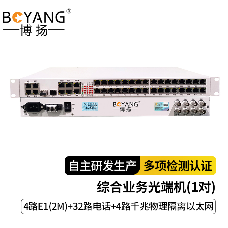 博扬综合业务电话光端机4E1+32电话+4路千兆物理隔离单纤20kmLC机架式1对BY-4E1-32P4GVP-20KM高清大图