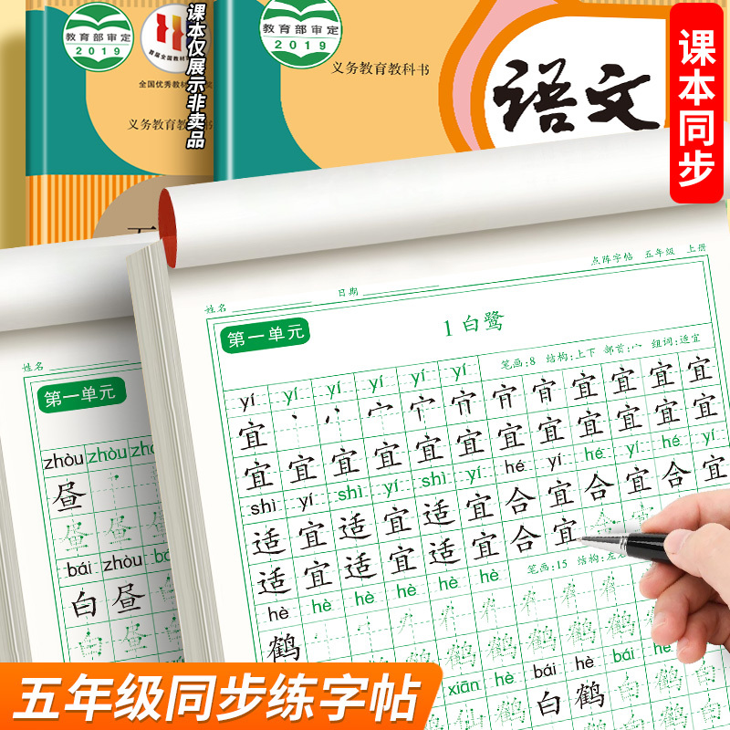 [下册]同步字帖5下+同步作文字帖+素材积累字帖 [正版]五年级上册字帖语文同步练字帖人教版小学生硬笔书法练字本楷书笔画