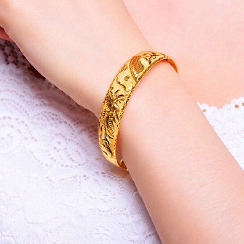 香港免税真金手镯女款龙凤呈祥手镯满天星手环女士真金手镯宽版龙凤