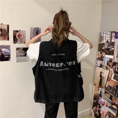 马甲女外穿百搭英文印花复古字母bf风牛仔宽松休闲马甲女坎肩外套