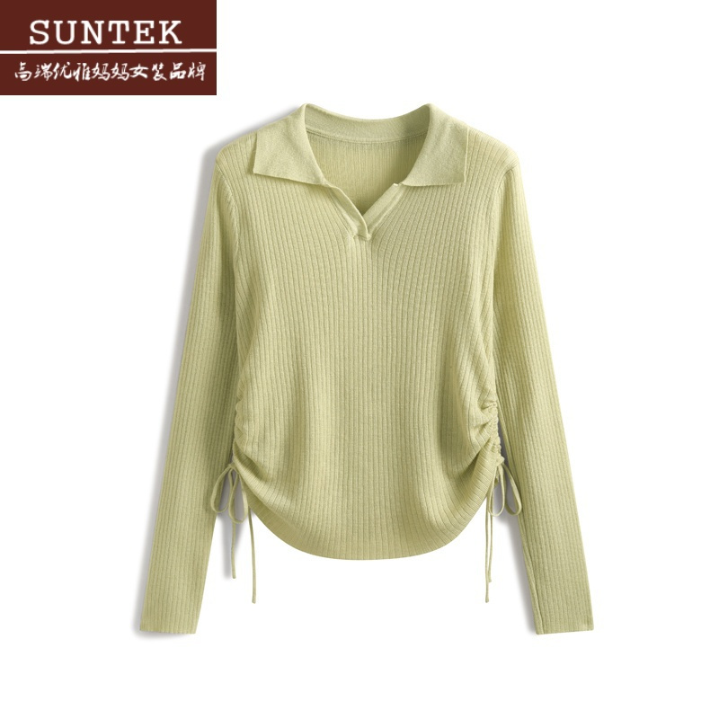 日系系带polo衫针织衫女春秋新款修身显瘦纯色百搭毛衣打底衫上衣