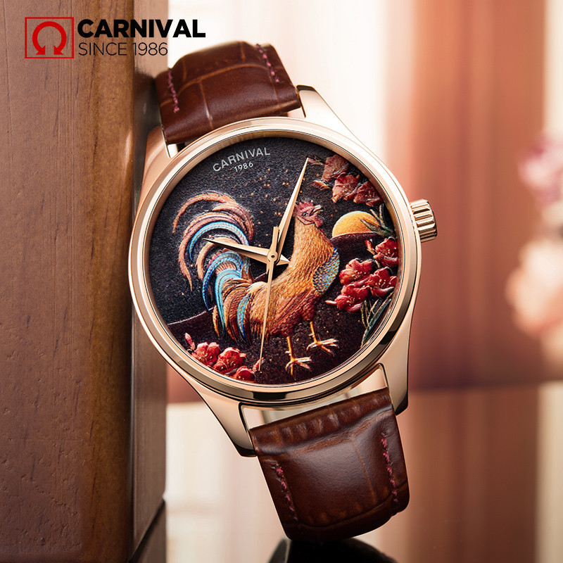 嘉年华Carnival 大表盘防水全自动机械表 男士个性时尚款腕表新款雄鸡浮雕手表男玫瑰金富贵吉祥515G