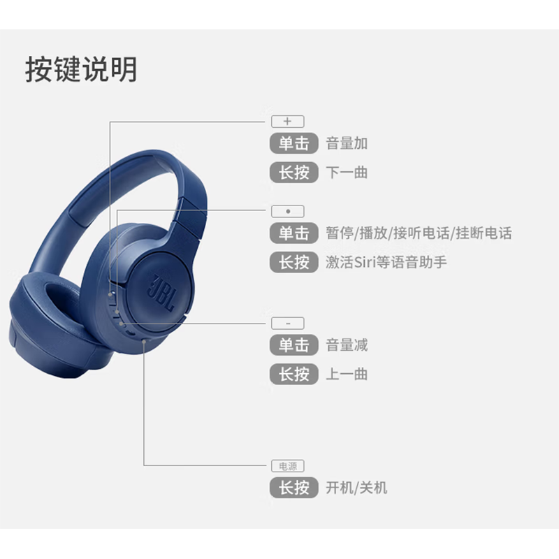 JBL TUNE 710BT 无线蓝牙耳机\/耳麦 头戴式 音乐耳机 网课在线教育学习耳机 T710黑色/蓝色 单个价