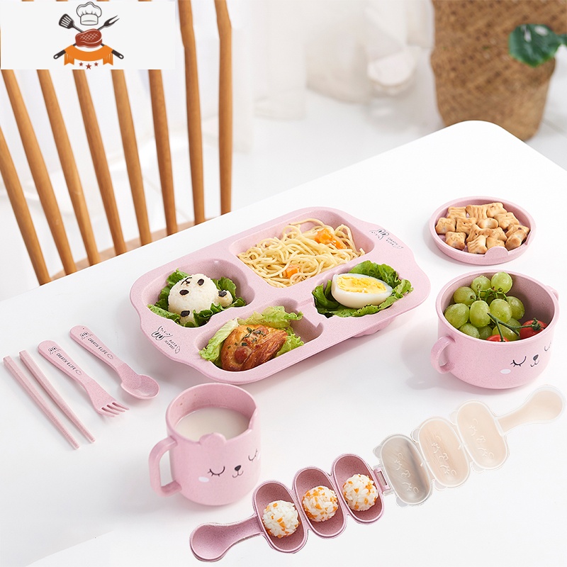 卡通儿童餐具套装分隔餐盘家用早餐盘子宝宝幼稚园分格盘饭团模具 汽车款5格8件套 北欧粉 敬平高清大图