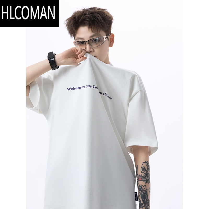 HLCOMAN短袖T恤男夏季潮牌小领口宽松百搭体恤衫简约百搭五分袖