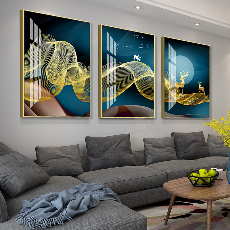 客厅装饰画简约挂画沙发背景墙玄关壁画画 黄金麋鹿(太空银) 50*70cm三联套装(建议2.5-3米沙发)(真晶瓷画)水高清大图