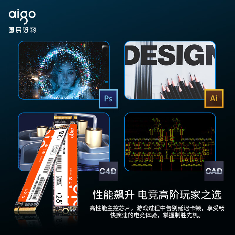 爱国者(aigo) 固态硬盘M.2接口 128GB 读速1700MB/s P2000 (单位:个)高清大图