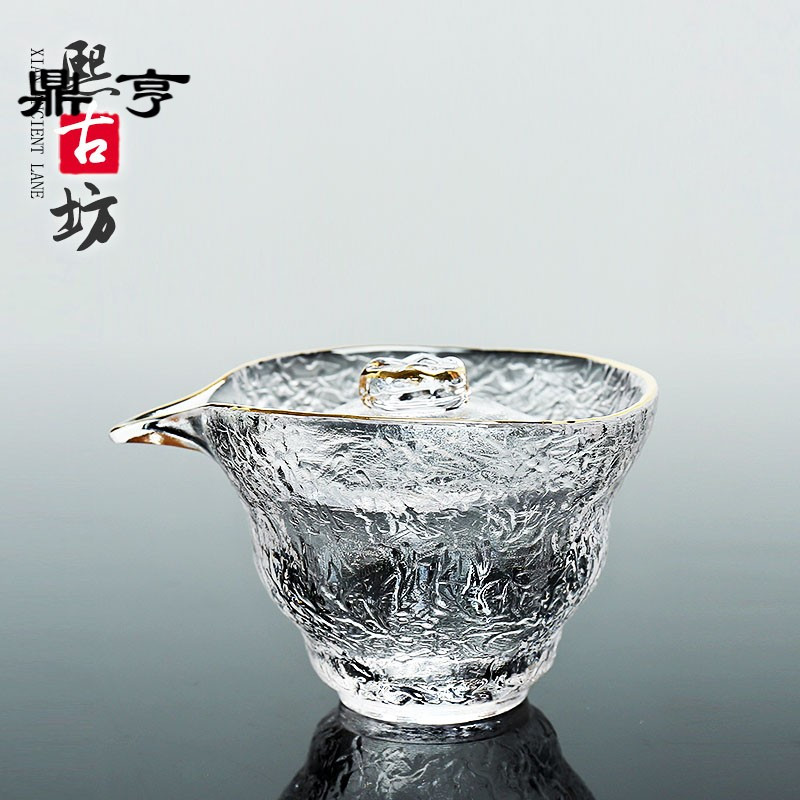 鼎亨 描金玻璃加厚三才盖碗茶具锤纹耐高温耐热 水晶透明泡茶碗