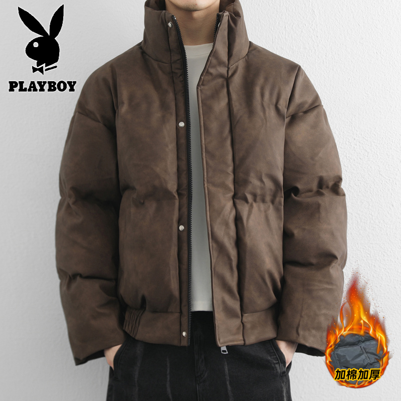 花花公子新款高品质秋冬青少年加棉加厚PU棉衣男港风时尚棉服高清大图