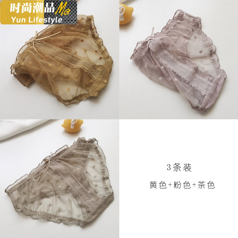 YUNWUXIN内裤女中腰棉底裆复古公主风网纱波点蕾丝日系轻薄性感三角内裤内裤