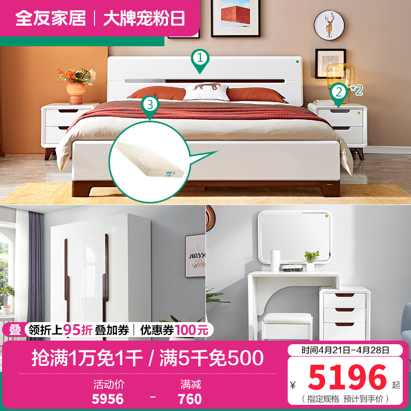 全友家居 现代简约卧室家具套装 双人床衣柜梳妆台凳 1.5米床+床头柜*2+105001床垫+四门衣柜+梳妆台凳