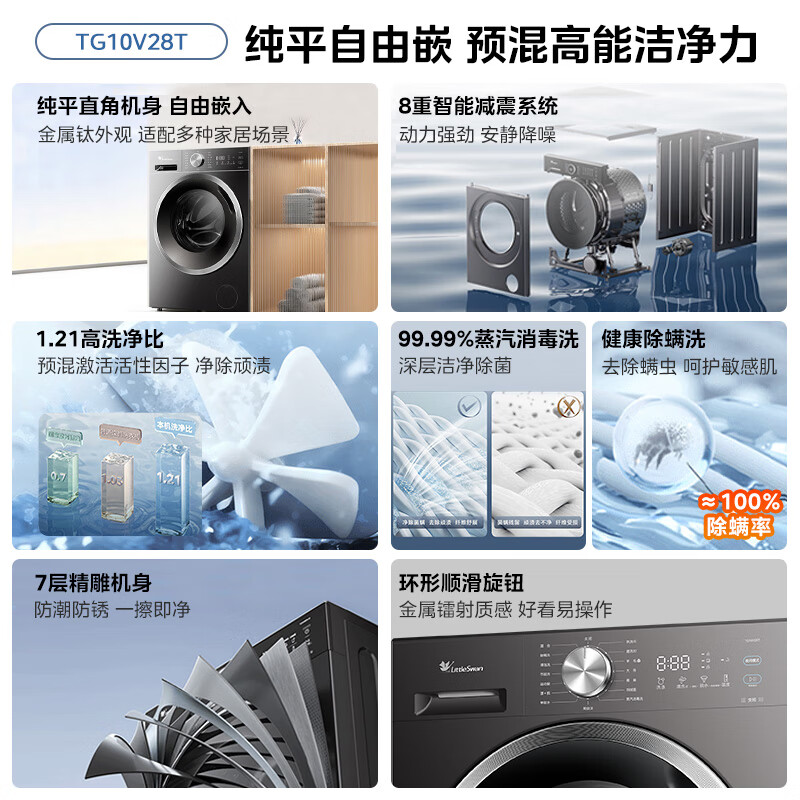 小天鹅滚筒洗衣机全自动家用 10KG TG10V28T 纯平自由嵌高清大图