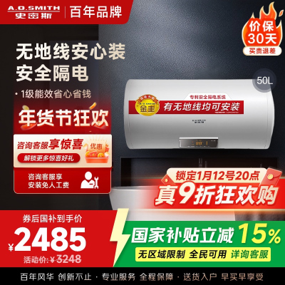 AO史密斯(A.O.Smith)50升2000W 电热水器 E50VDS 金圭内胆 无地线 家用壁挂式储水式