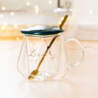 恒温玻璃杯子耐热透明带把创意情侣水杯家用茶杯马克杯咖啡杯带盖 平盖绿色lucky 普通装