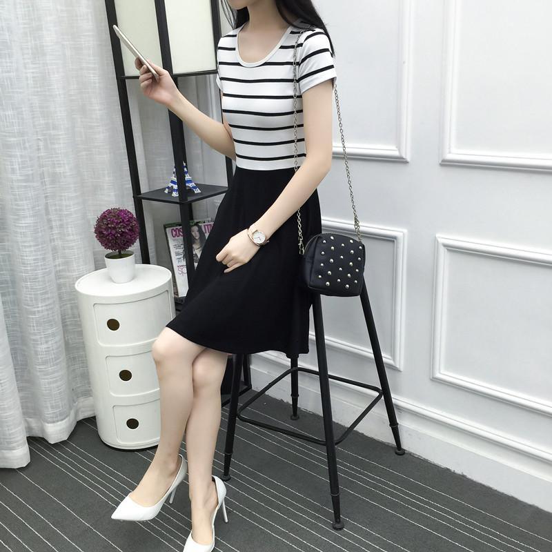 2019夏装新款连衣裙黑白条纹中长款短袖修身显瘦韩版女装百搭裙子