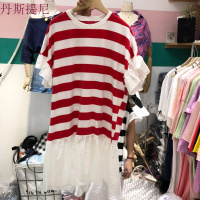 特惠2018夏装荷叶拼接条纹短袖连衣裙宽松休闲韩版中长款裙子女装蓝色均码