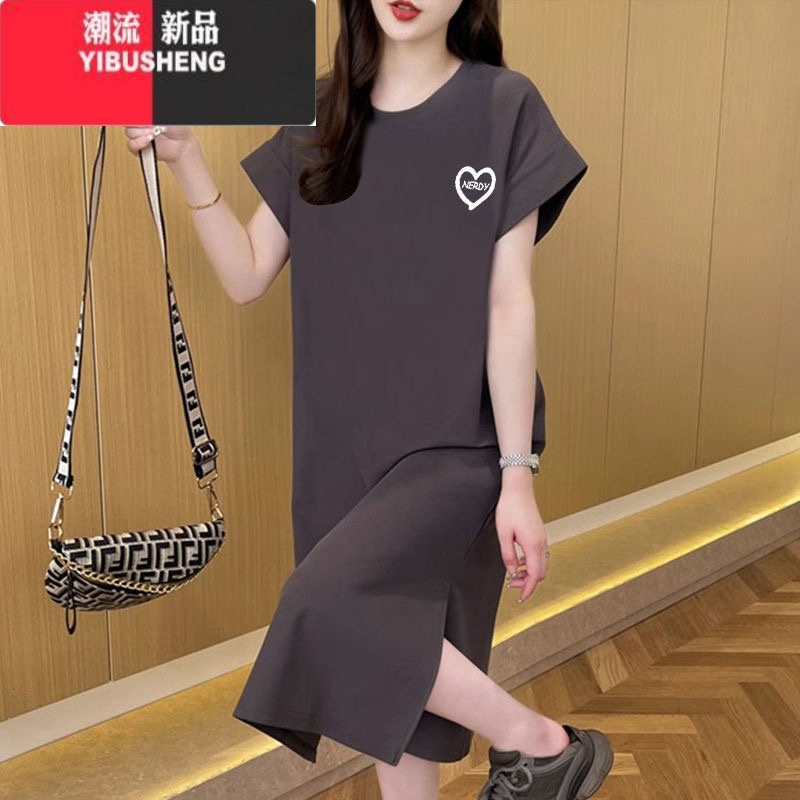 YIBUSHENG短袖连衣裙女季大码宽松中长款过膝t恤裙百搭休闲开叉长裙高清大图