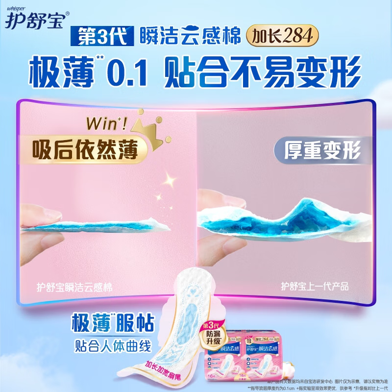 护舒宝 卫生巾 云感棉贴身 日用加长284mm 16片/包*2 超薄无香秒吸姨妈巾高清大图