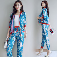 早秋女装女士新品套装时尚棒球服外套时髦印花+裤子港味两件套潮