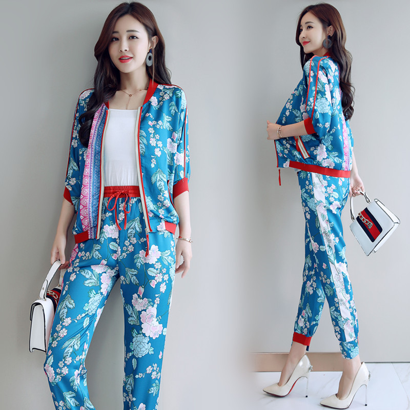 早秋女装女士新品套装时尚棒球服外套时髦印花+裤子港味两件套潮