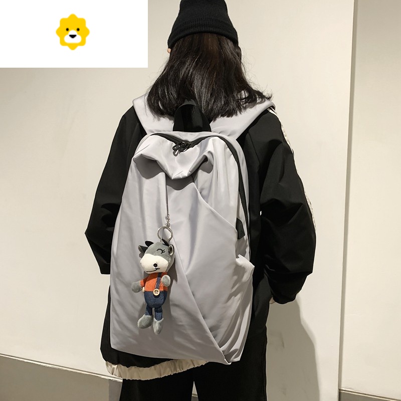 FENGHOU双肩包男简约韩版高中生大学生书包大容量休闲旅行背包男士电脑包_540 灰色+小牛挂件（挂珠链）