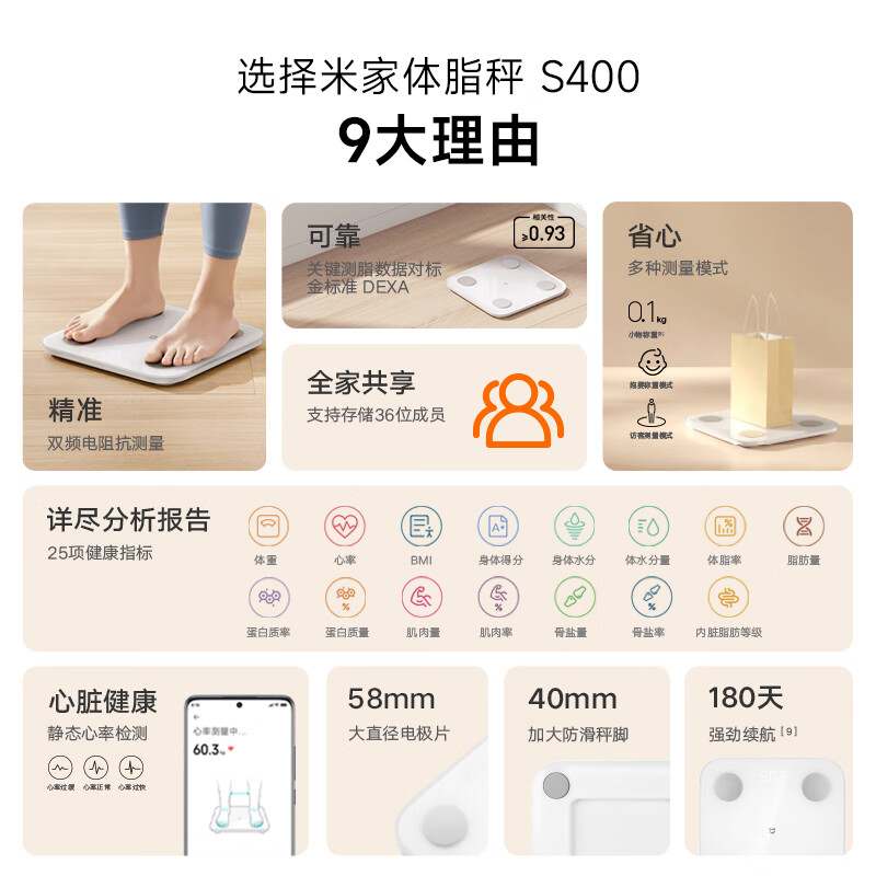 米家(MIJIA)小米智能体脂秤S400 白色 双接家用电子秤体重秤高精准25项身体数据平衡测试 塑形减脂高清大图