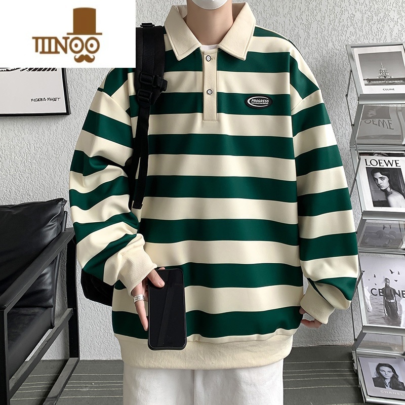 YANXU翻领卫衣男士宽松长袖polo衫休闲复古情侣条纹外套上衣高清大图