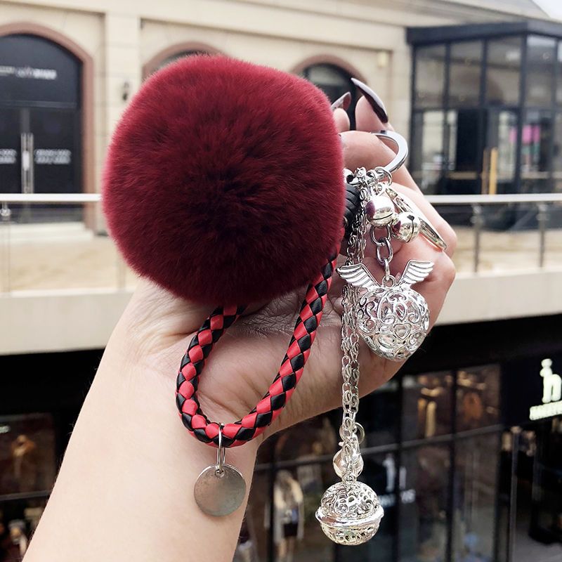 韩国创意钥匙扣女 真兔毛 獭兔毛球毛绒挂件汽车钥匙链女生包挂件 银