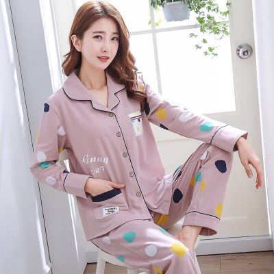 J6893 M (建议80-100斤) 春秋季长袖睡衣女夏棉质女士翻领开衫休闲月子服家居服套装可外穿