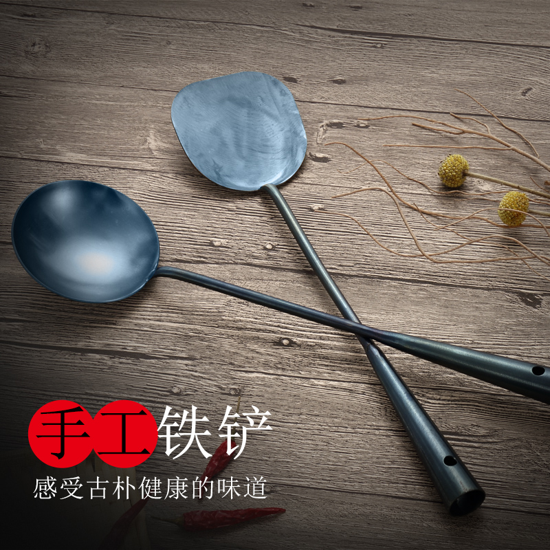 手工锻打锅铲套装传统老式防烫厨具熟铁铲长柄加厚炒勺炒菜铲子 敬平 防烫手工锅勺高清大图