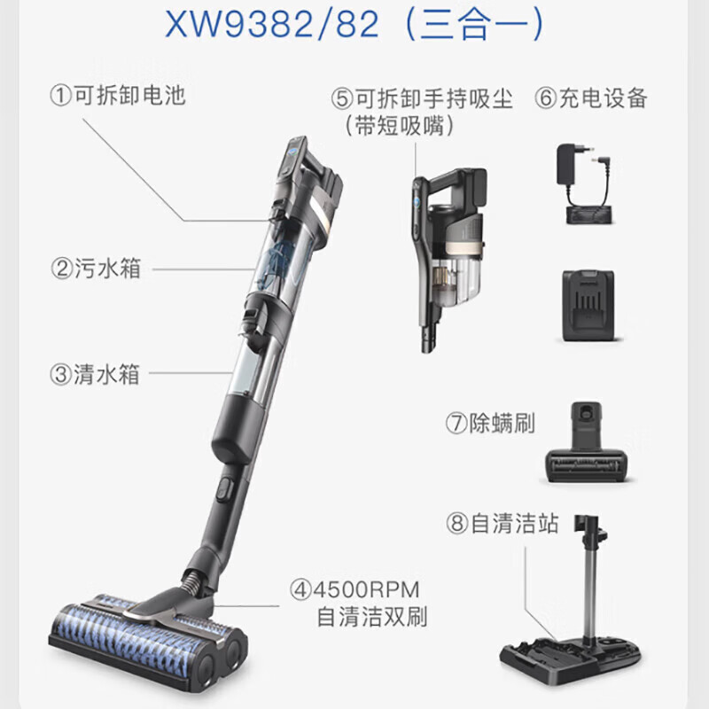 飞利浦 智能洗地机吸洗拖一体拖地机擦地机家用扫地机无线手持多功能合一 XW9382/82高清大图