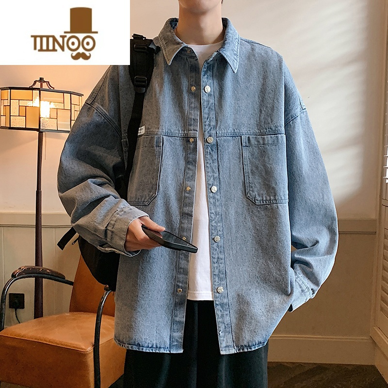 YANXU牛仔外套男宽松工装夹克美式潮牌复古痞帅翻领水洗衬工高清大图