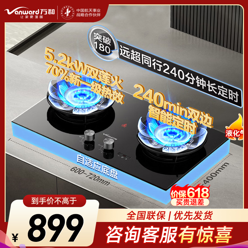 万和【蓝莲花B9DS】5.2kW液化气猛火70%热效率双边定时嵌入式家用煤气双炉具双灶台灶具燃气灶全新一代猛火灶液化气