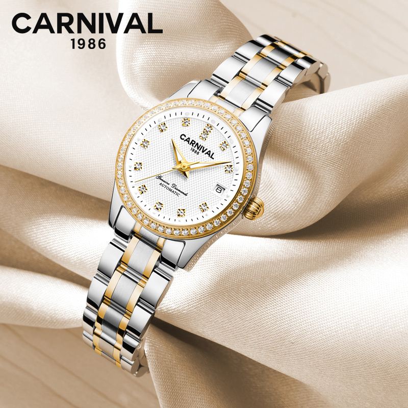 瑞士嘉年华Carnival正品新款手表自动机械表 女士休闲时尚满天星水钻商务女表夜光防水金属精钢腕表JNH8678高清大图