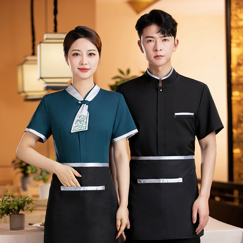 餐饮服务员工作服女短袖夏季中式茶餐厅西餐厅农家乐火锅店工装男-男黑色上衣;3XL