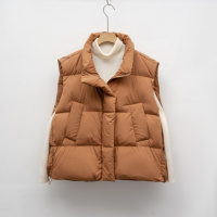 平湖驰新简约休闲立领面包服背心羽绒马甲女新款秋冬短款宽松马夹 S 卡其色