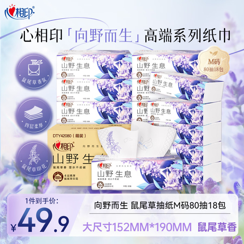DT42080(箱装)心相印向野而生80抽18包四层塑装面巾纸(鼠尾草印花)M码(影)
