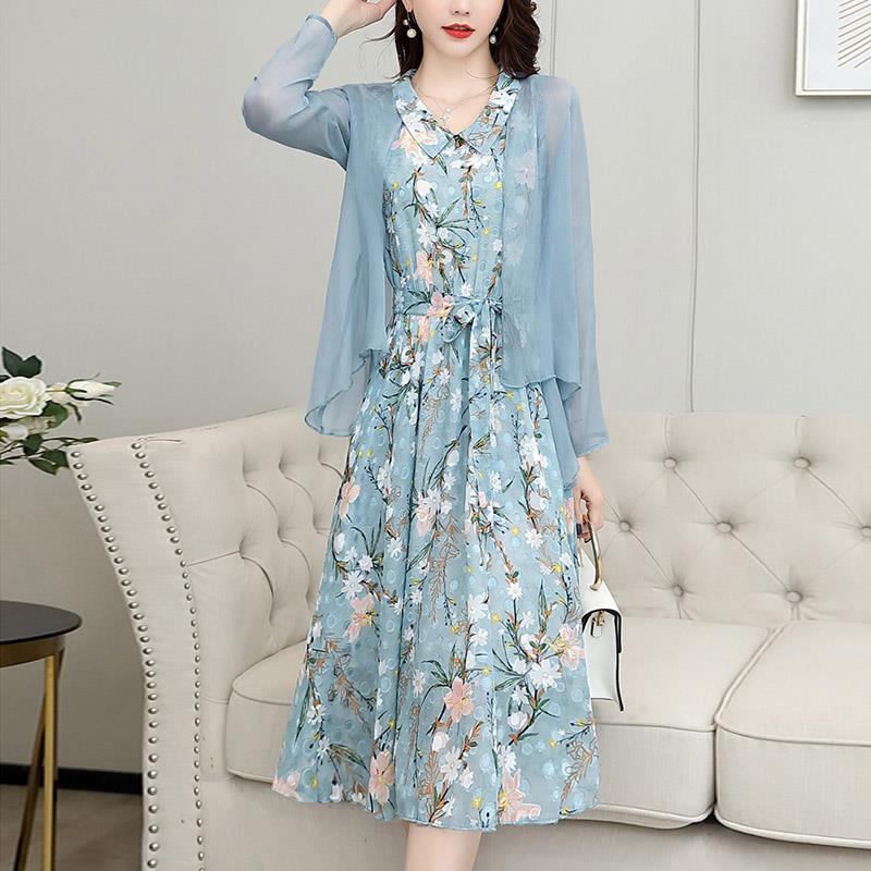 【两件套】胖MM大码女装雪纺连衣裙宽松2021初秋新款碎花无袖裙子 蓝色 关注店铺 优先发货 L 建议90-100斤