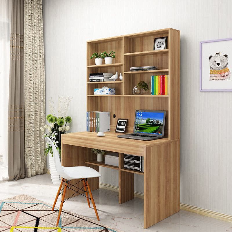 住宅家具简约现代书桌书架一体学生双人电脑桌书柜一体台式电脑桌 浅胡桃 80长40宽74高钢木简易桌图片