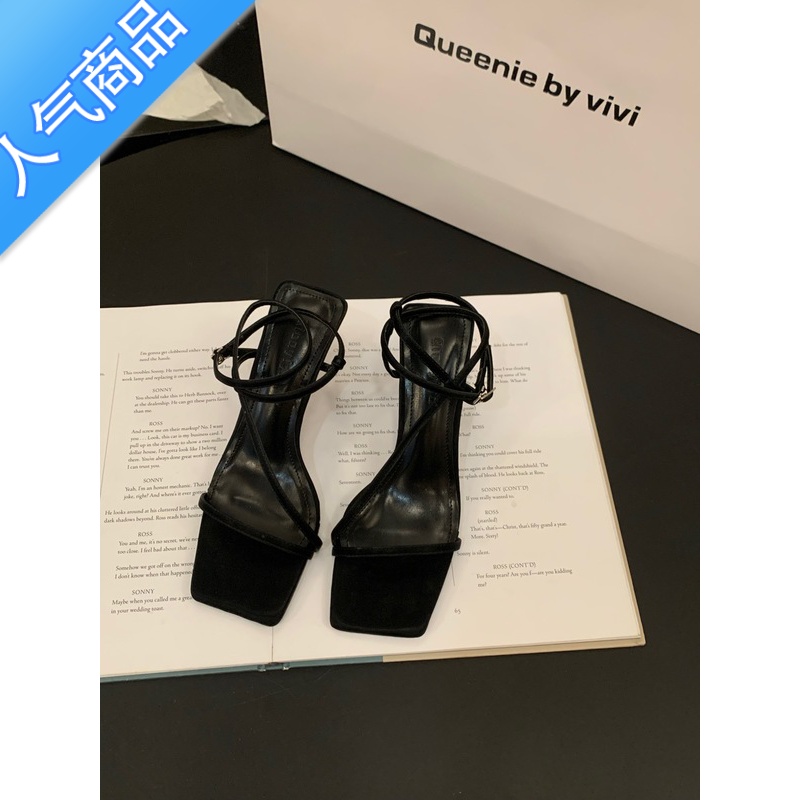 SUNTEK法式小众高跟凉鞋仙女鞋子2023年新款夏季气质黑色细跟绑带罗马鞋高清大图