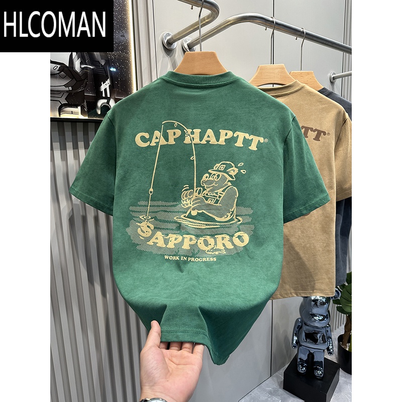 HLCOMAN短袖t恤男士宽松大码潮牌夏季2025新款衣服男款男装体恤 原野绿 3XL建议155-170斤