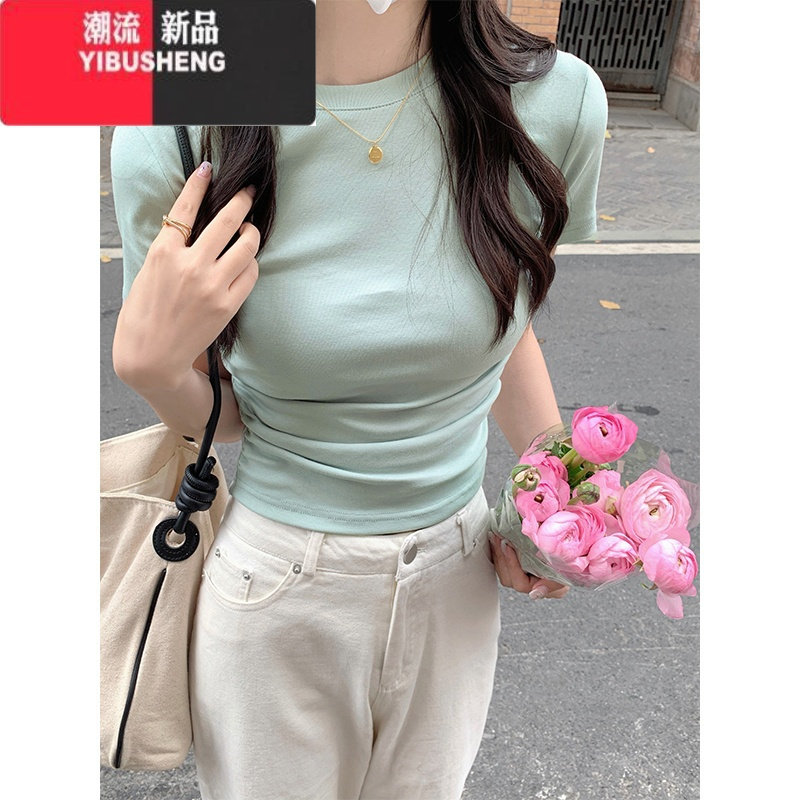 YIBUSHENG灰色正肩T恤女独特褶皱修身短上衣季小众设计感美式辣妹短袖潮