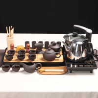 百鸿(Baihong) 整套茶具密胺茶盘竹茶托盛水式功夫茶具茶壶四合一 家用简约密胺黑原矿紫砂电热炉套装