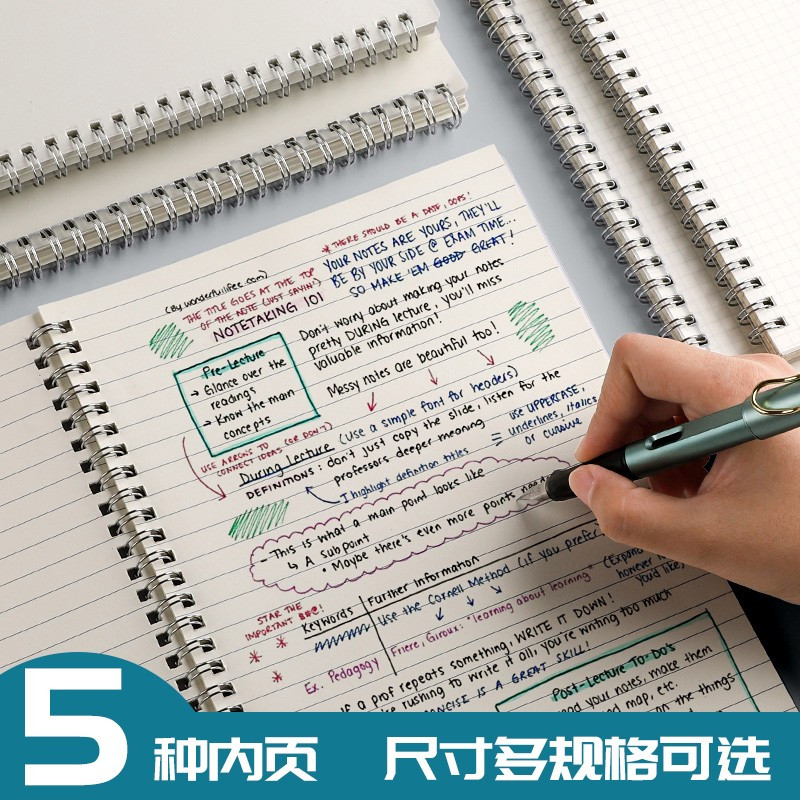 递乐 A5笔记本大学生康奈尔笔记本加厚错题本空白网格笔记本子记事本网格本线圈本 7019白色空白款 4个装