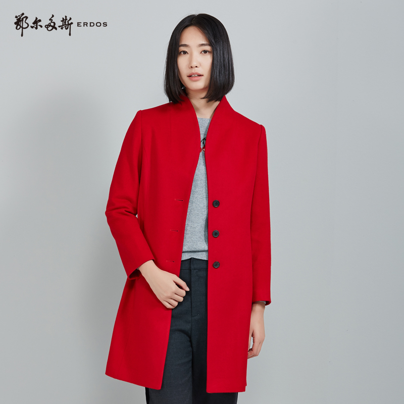 鄂尔多斯ERDOS 秋冬羊绒羊毛翻领单排扣中长款大衣毛呢外套女