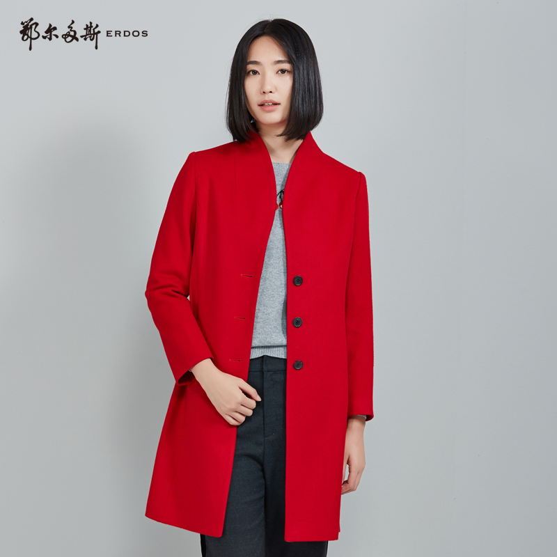 鄂尔多斯ERDOS 秋冬羊绒羊毛翻领单排扣中长款大衣毛呢外套女
