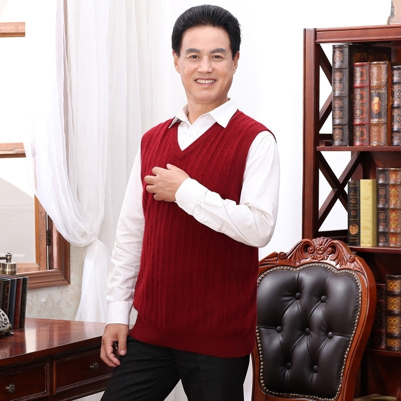 秋冬中老年人男毛背心马甲V领羊毛羊绒衫中年男士针织大码爸爸装