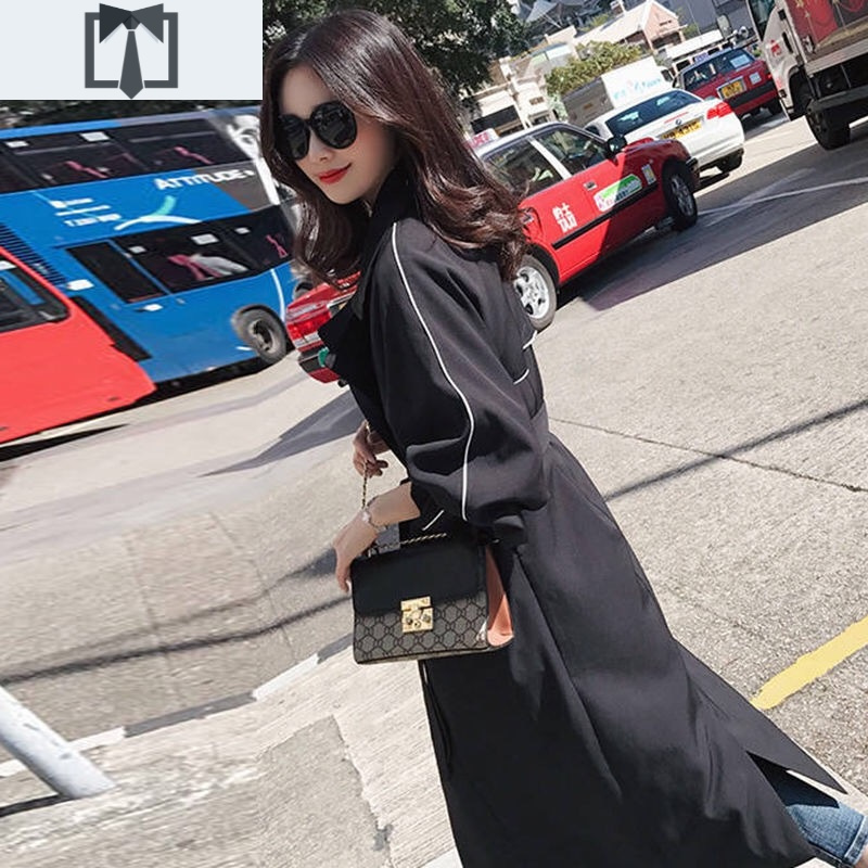 SUNTEK风衣女中长款春秋2020年新款过膝韩版宽松黑色大衣流行小个子外套风衣