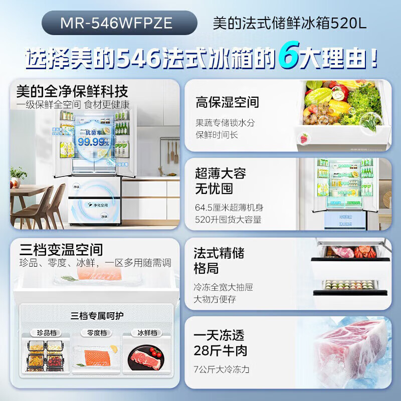 [政府补贴]美的520升法式多门四开门超大容量家用一级变频超薄风冷无霜冰箱 MR-546WFPZE 白色苏宁自营以旧换新