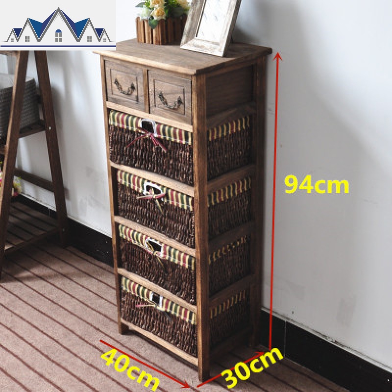 田园实木藤编收纳柜卧室床头柜小户型简约斗柜复古卫生间柜子 三维工匠 D款五层1个